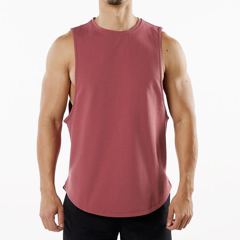 Large-sized Pullover for Men Breathable for Exercise with an Opening at the Back Sleeveless and Curved Bottom Hem Summer