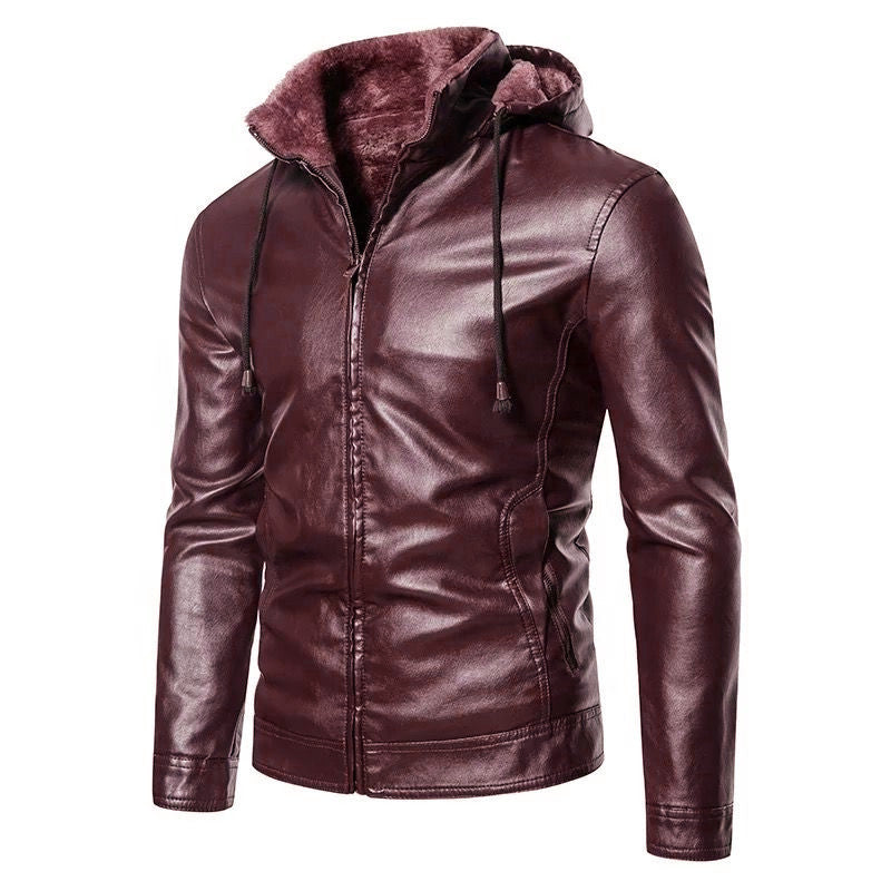 3 Color Fur Coat with One-piece Hood and Stand up Collar Casual Style Closure Pocket Design Men's Zipper Fur Coat Detachable Hat