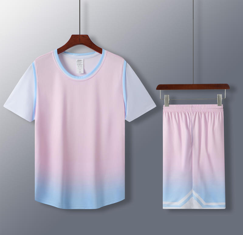 5 Color Men's and Women's 100% Polyester Round Neck Basketball Uniform Set Fake Two Pieces with Vertical Stripes of Beige Fabric