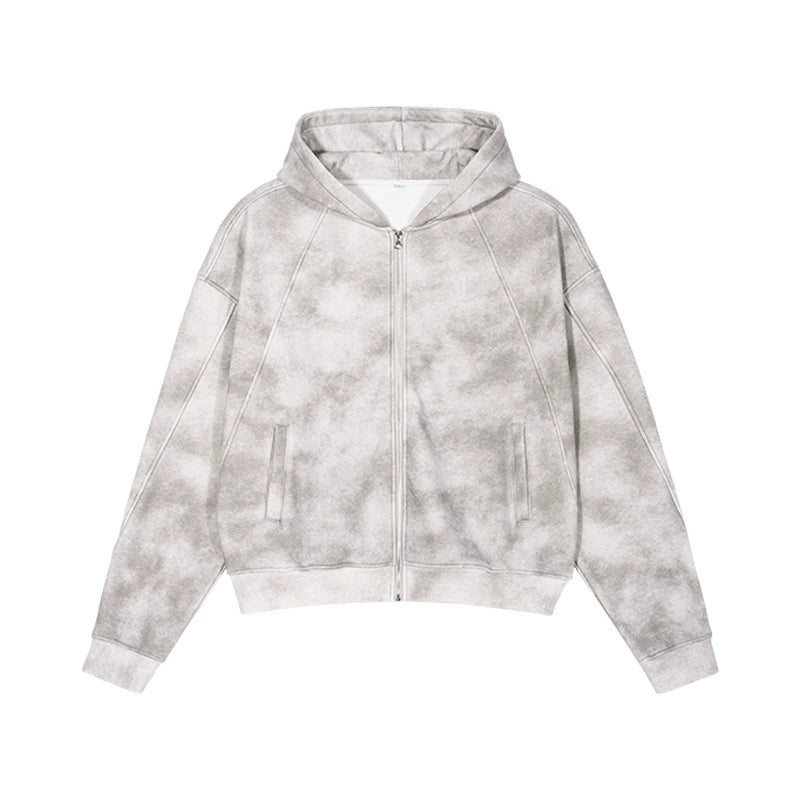 Men's Hooded Retro Distressed Style Zipper Hoodie for Men Trendy Brand Autumn Winter Top Heavyduty Sweater Lined with Fleece