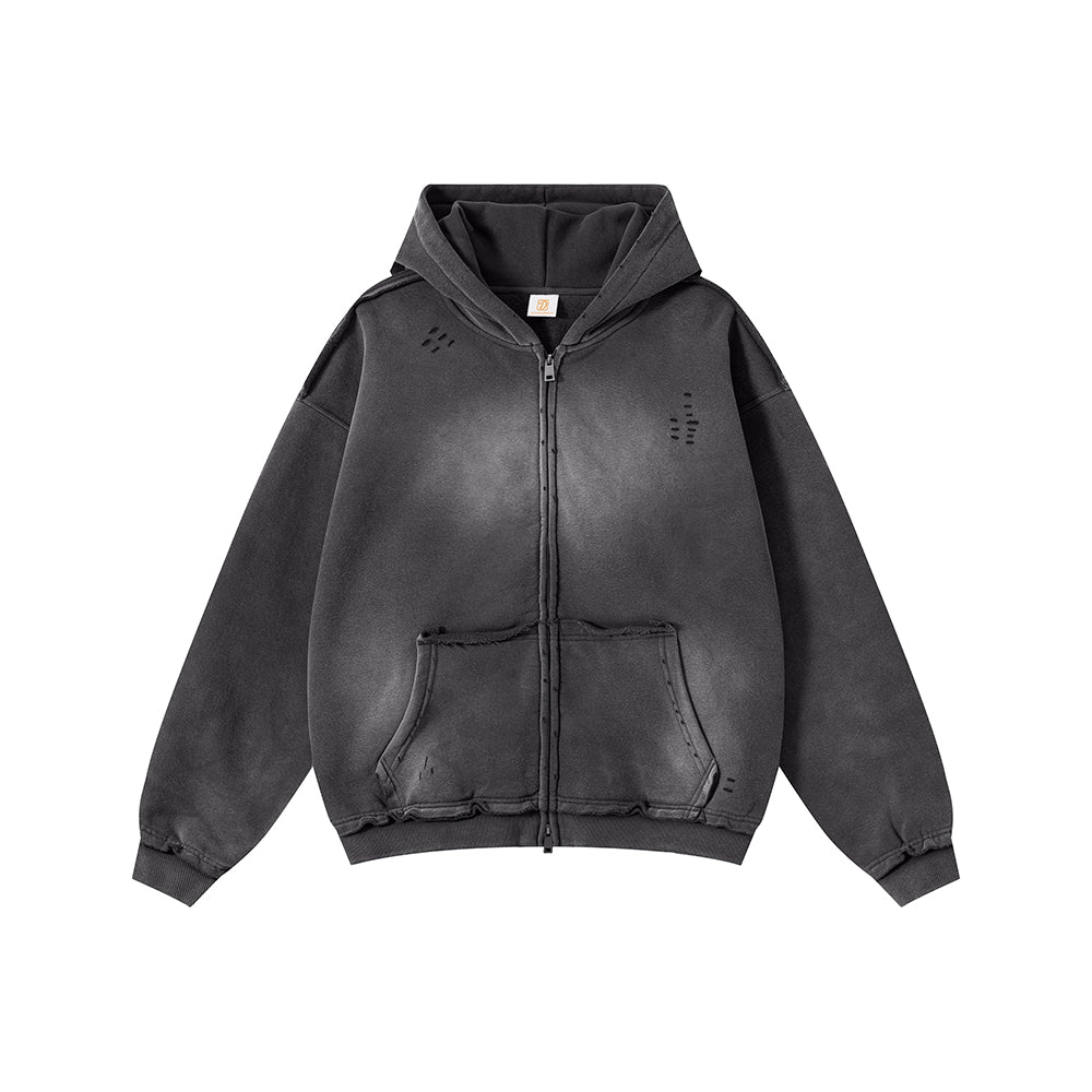 Gradient Color Men's Hooded Pullover with Horsehair Fringe at the Hem and Open Chest Zipper Hoodie Autumn and Winter Style