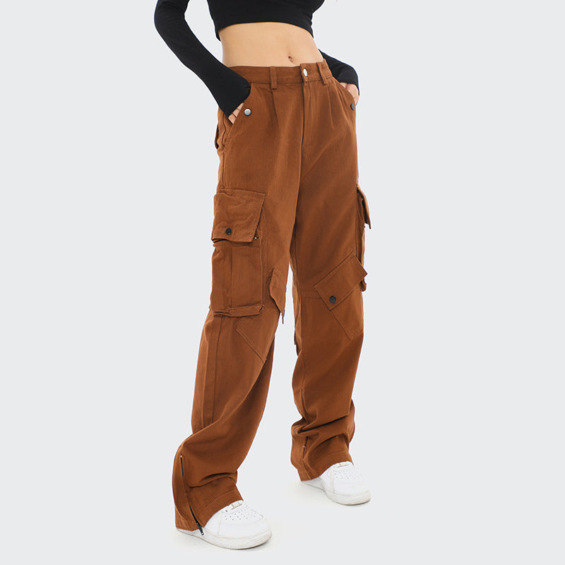 2 Color Japanese Retro Street Fashion Multi Pocket Zipper Bottom Workwear Casual Pants for women Loose Fit Long Sweatpants