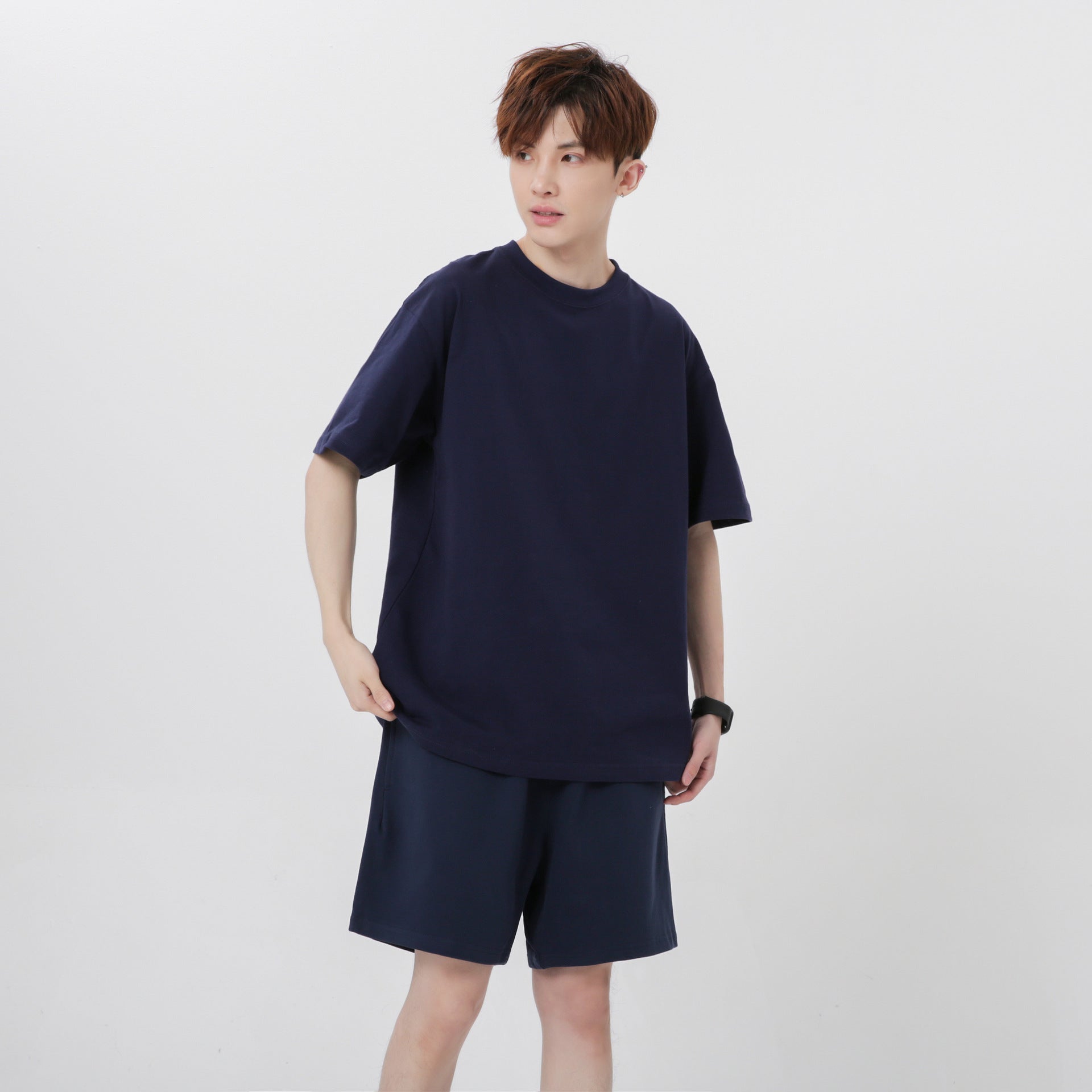 Custom Streetwear High Quality 100% Cotton Loose Pure Color Short Sleeve Shirt and Short Pants Set