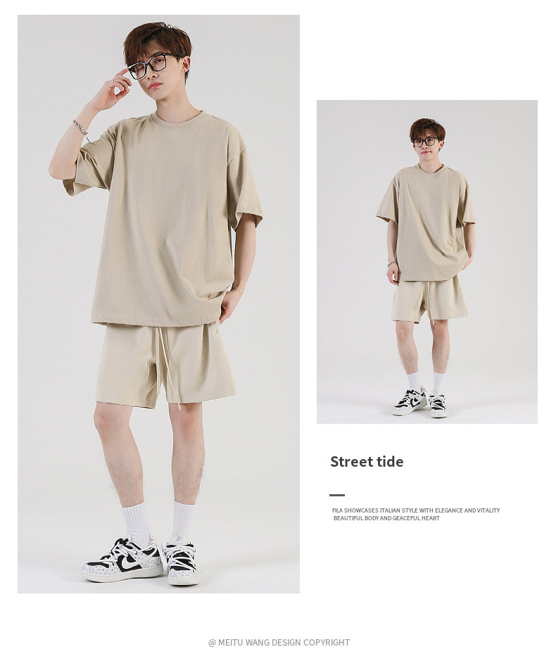 Custom Streetwear High Quality 100% Cotton Loose Pure Color Short Sleeve Shirt and Short Pants Set