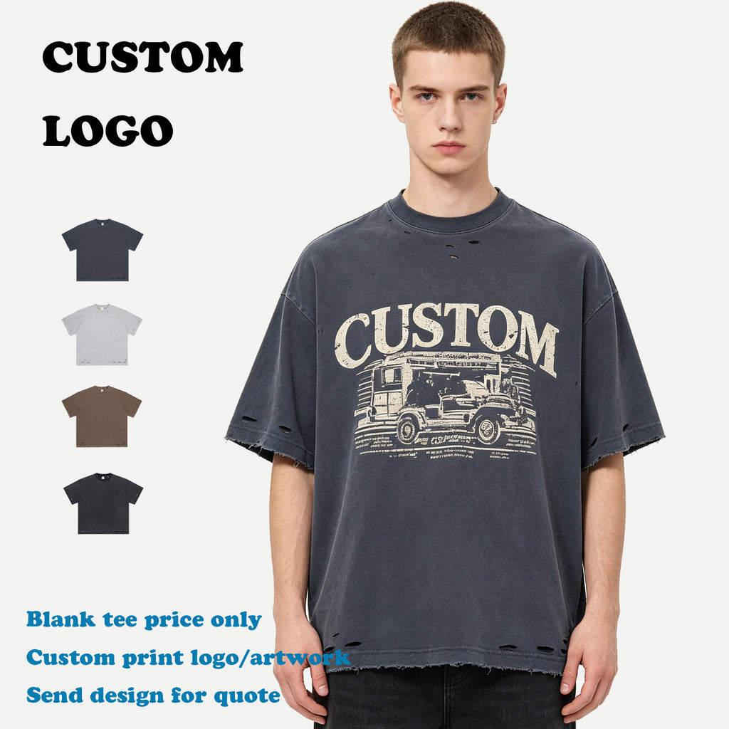Heavyweight Tshirts Drop Shoulder Custom New Design Broken High Quality Casual Washed Puff Printing Summer Streetwear T-shirt