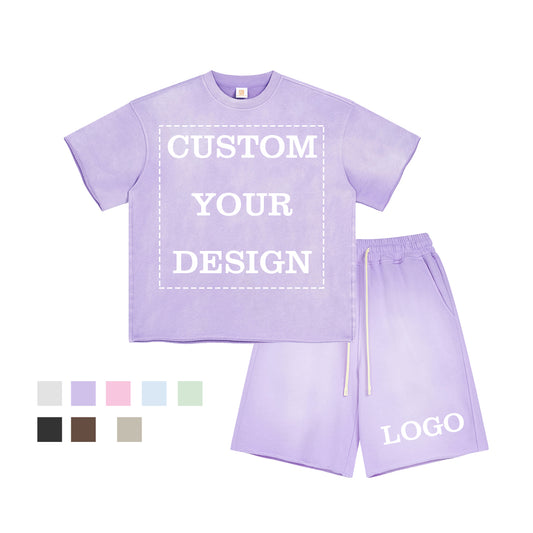 100% Cotton Tshirts and Shorts Custom logo Vintage High Quality Short Sleeve Blank Acid Wash Heat Transfers for T-shirts Suit