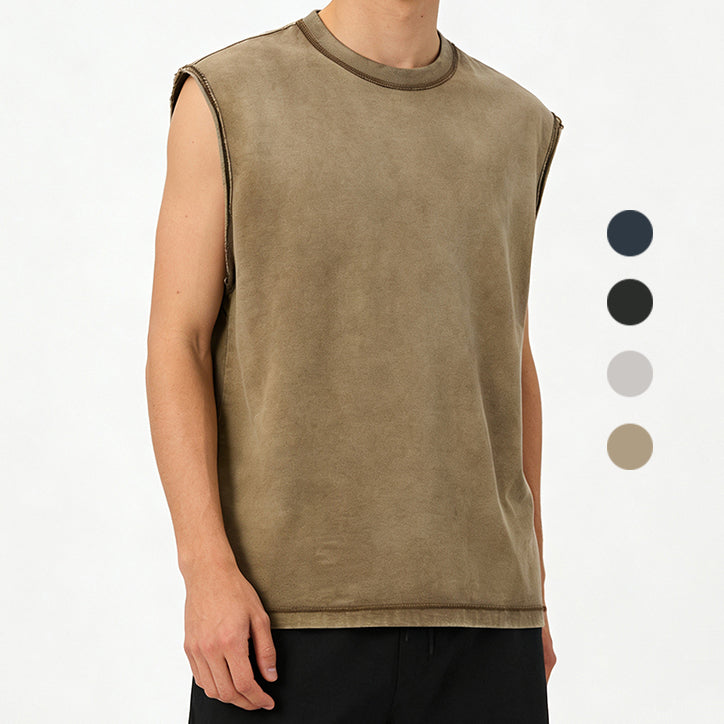 Custom Tshirts Wax Printing High Quality Blank Vintage Embroidery logo Washed Wholesale Streetwear Design Sleeveless T-shirts