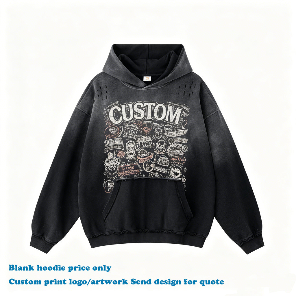 OEM Wholesale Hoodies Batik Washed Gradient High Quality Embroidery logo Boxy Cut Out Streetwear 100% Cotton Men's Hoodies