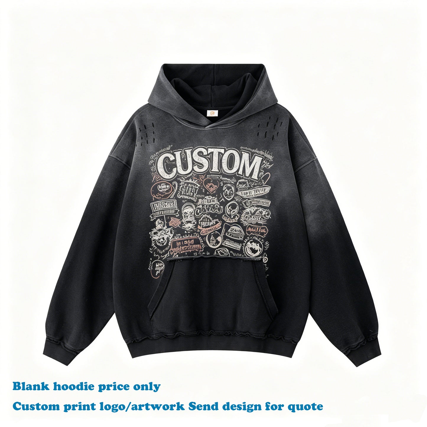 OEM Wholesale Hoodies Batik Washed Gradient High Quality Embroidery logo Boxy Cut Out Streetwear 100% Cotton Men's Hoodies