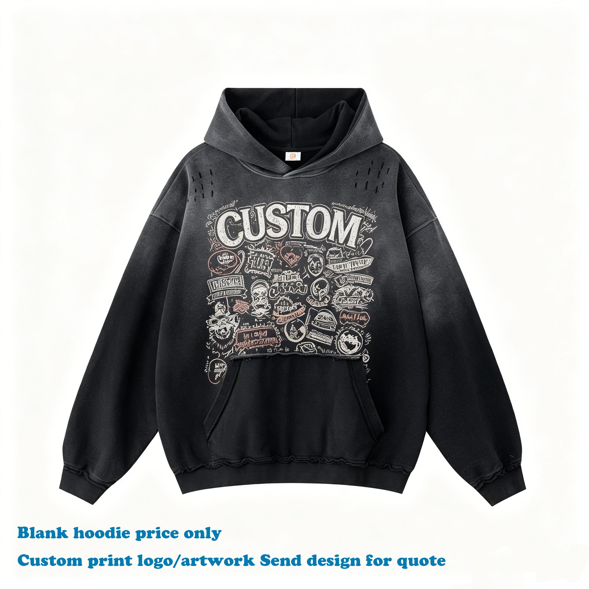 OEM Wholesale Hoodies Batik Washed Gradient High Quality Embroidery logo Boxy Cut Out Streetwear 100% Cotton Men's Hoodies