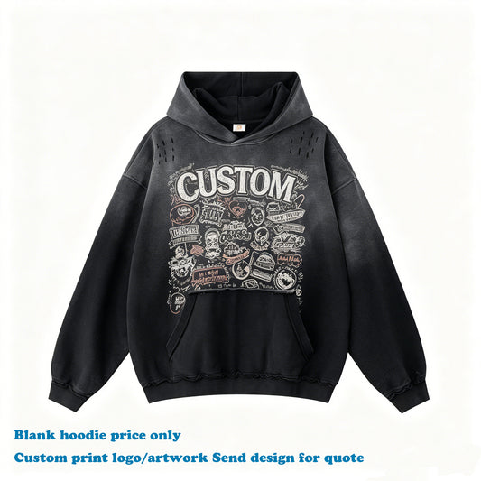 OEM Wholesale Hoodies Batik Washed Gradient High Quality Embroidery logo Boxy Cut Out Streetwear 100% Cotton Men's Hoodies