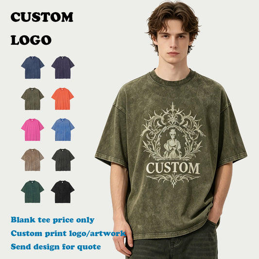 High Quality Men's T-shirts Batik Washed Custom Puff Printing Blank Summer Short Sleeve Vintage Wholesale Personalized T-shirt