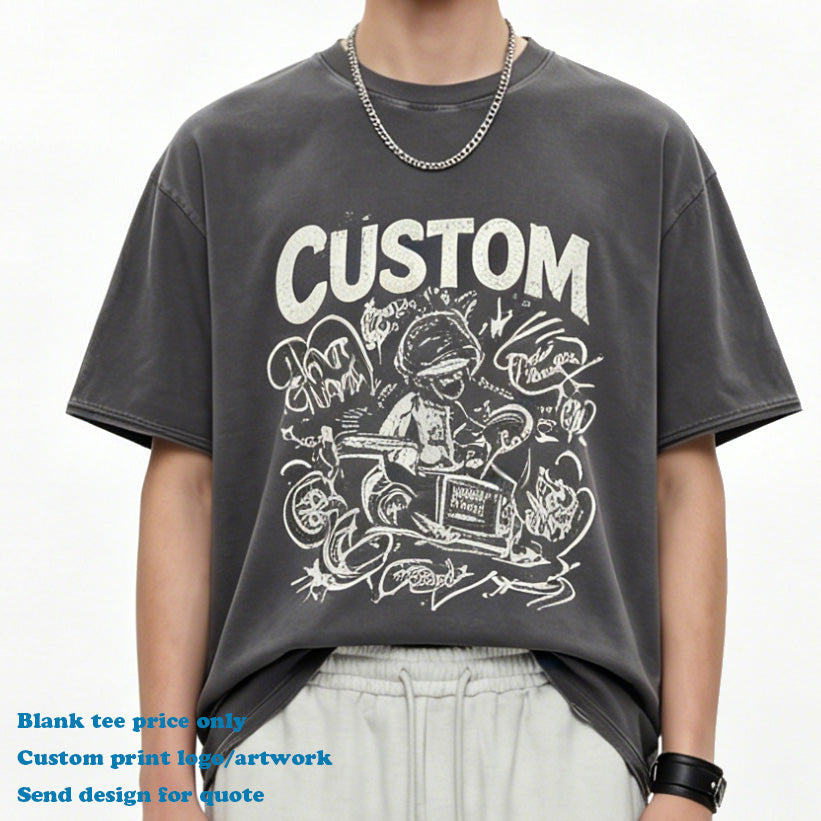 New Design Summer Batik Washed T-Shirt High Quality Men Raw Edge Loose Custom Puff Printing Round Neck Fashion Men's T-shirts
