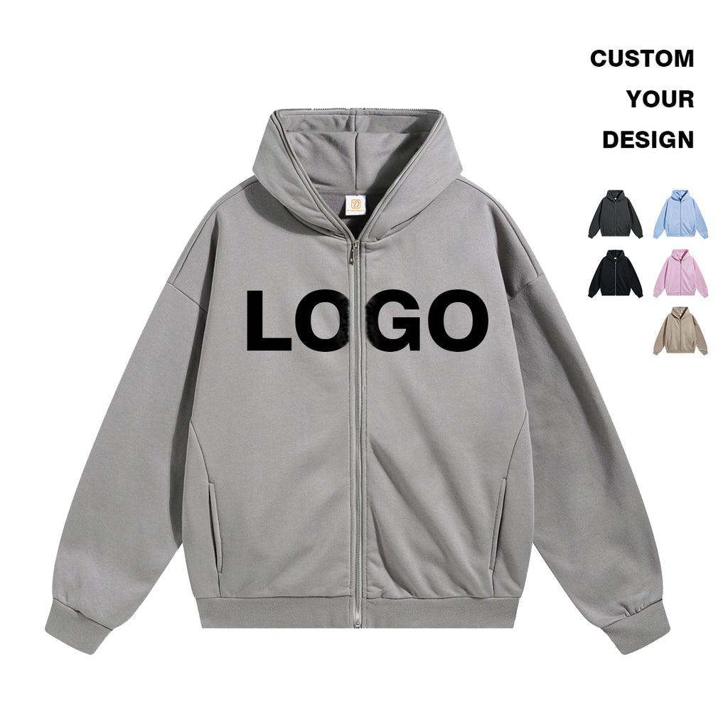Custom Full Face Zip Fleece Hoodie Unisex High Quality Embroidered Heavyweight Polyester/Cotton Streetwear Hoodies for Men