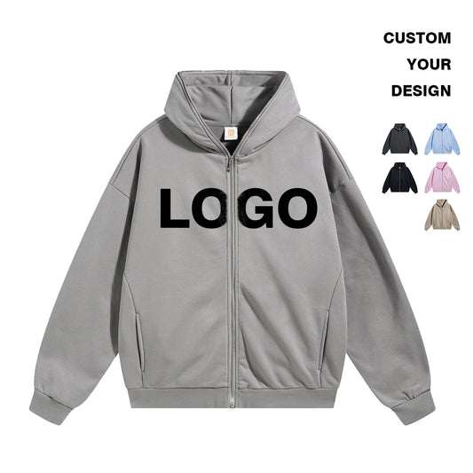Custom Full Face Zip Fleece Hoodie Unisex High Quality Embroidered Heavyweight Polyester/Cotton Streetwear Hoodies for Men
