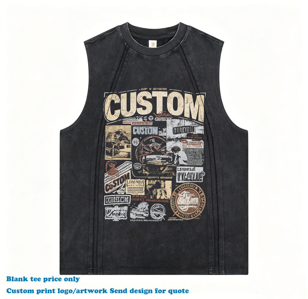 100% Cotton T-shirt Sleeveless Custom Washed Gym High Quality Wax Printing Streetwear Patchwork Summer Sport t Shirt for Men