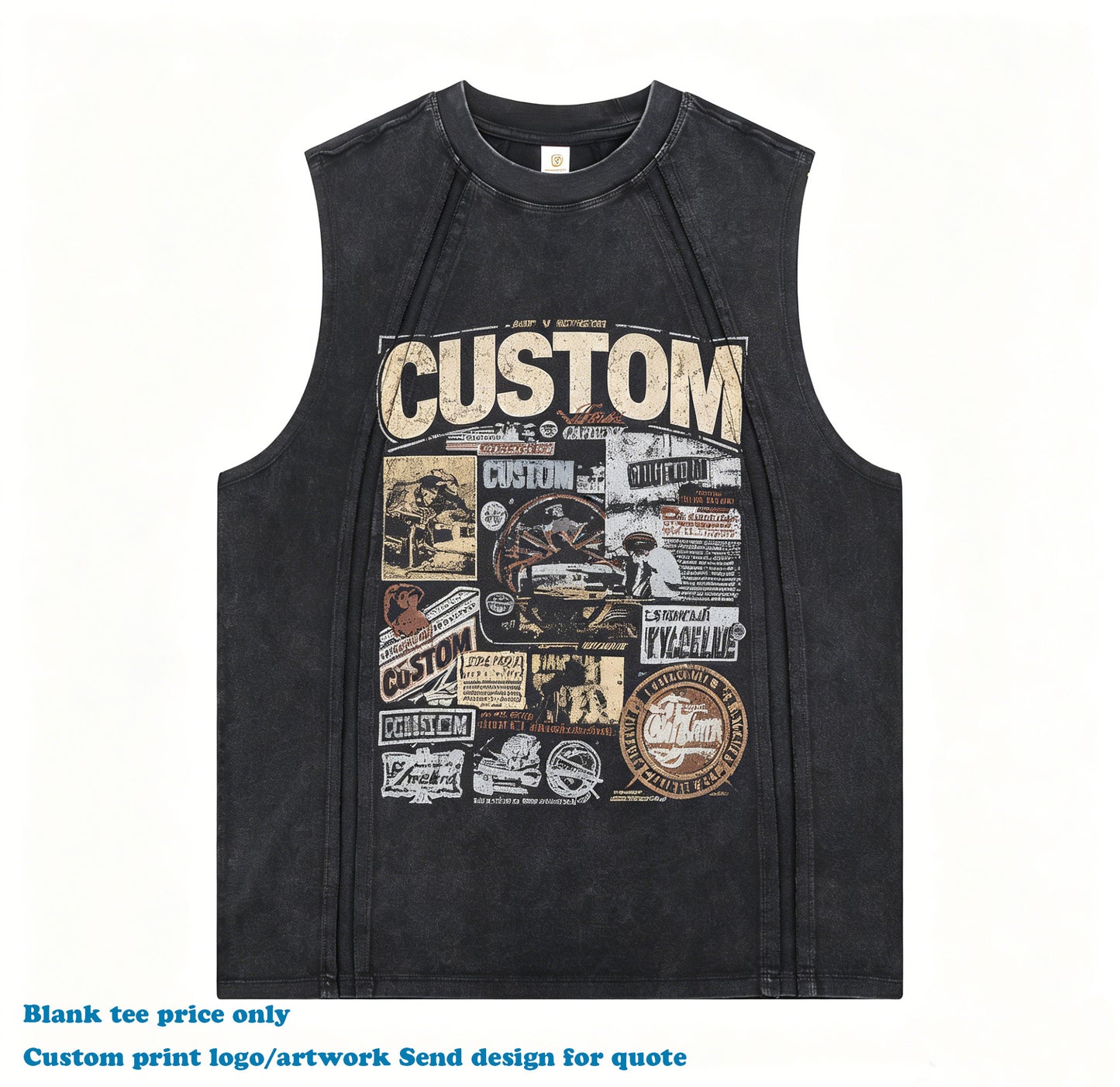 100% Cotton T-shirt Sleeveless Custom Washed Gym High Quality Wax Printing Streetwear Patchwork Summer Sport t Shirt for Men