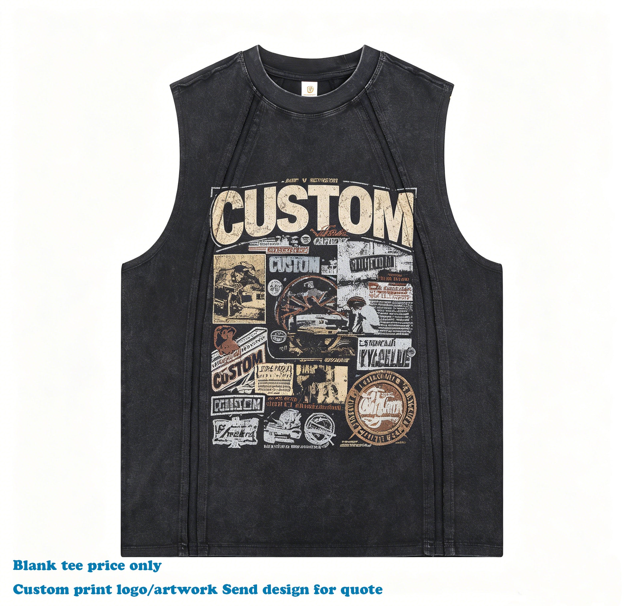 100% Cotton T-shirt Sleeveless Custom Washed Gym High Quality Wax Printing Streetwear Patchwork Summer Sport t Shirt for Men