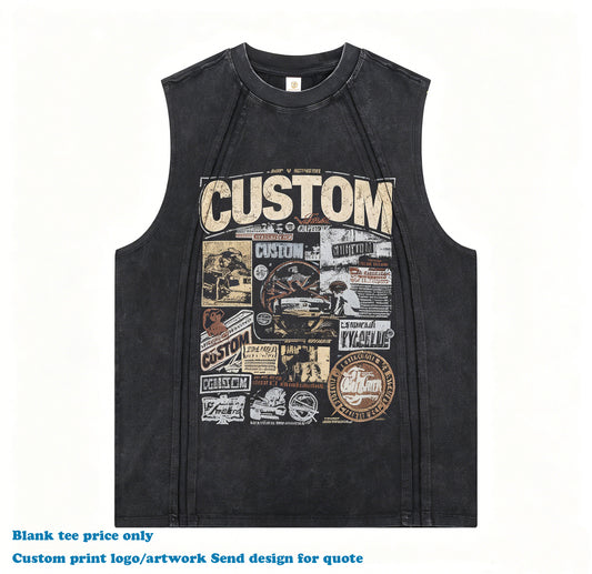 100% Cotton T-shirt Sleeveless Custom Washed Gym High Quality Wax Printing Streetwear Patchwork Summer Sport t Shirt for Men