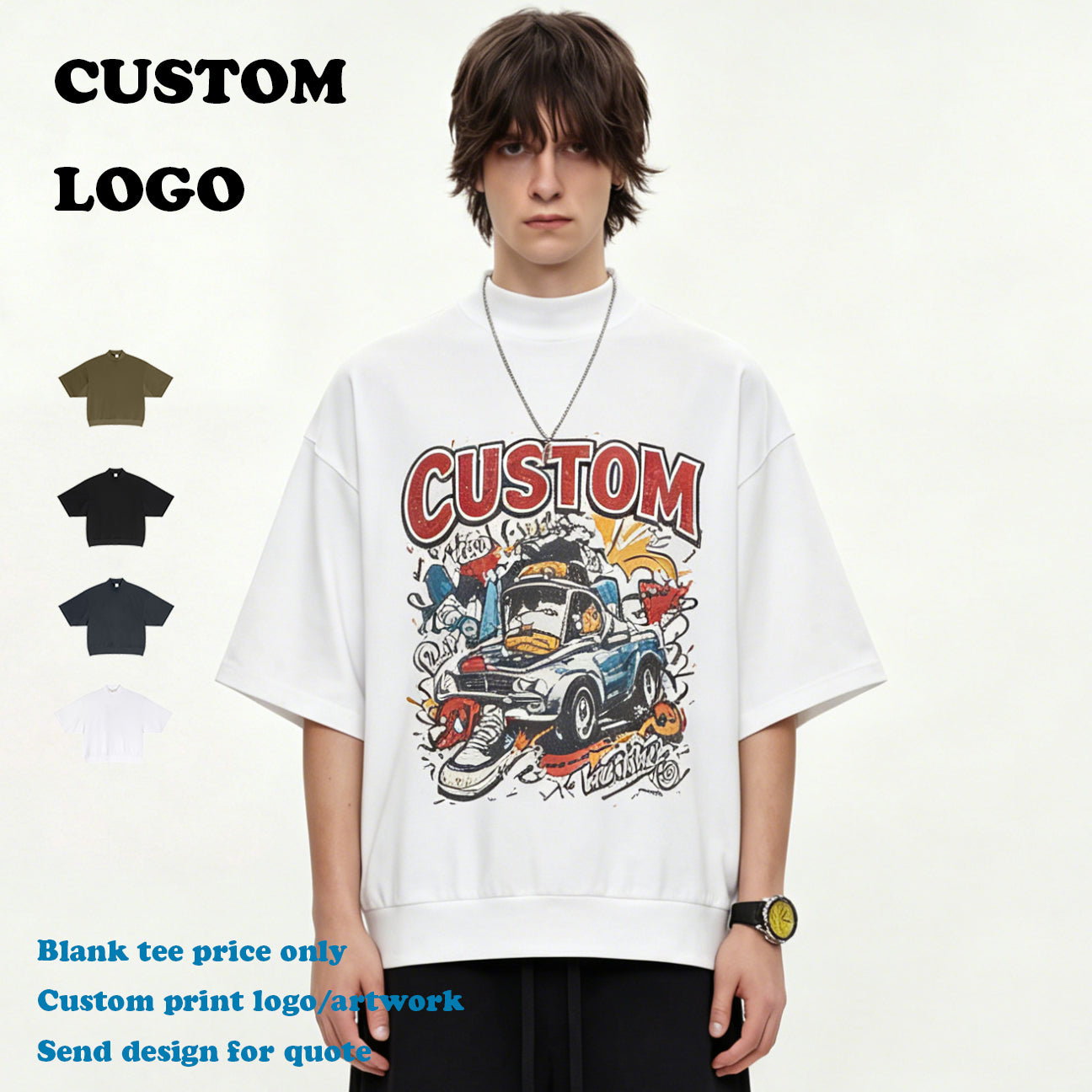 Streetwear Half High Collar T-shirt Fashion New Style Boxy Drop Shoulder High Quality Wholesale Men's Personalized T-shirt