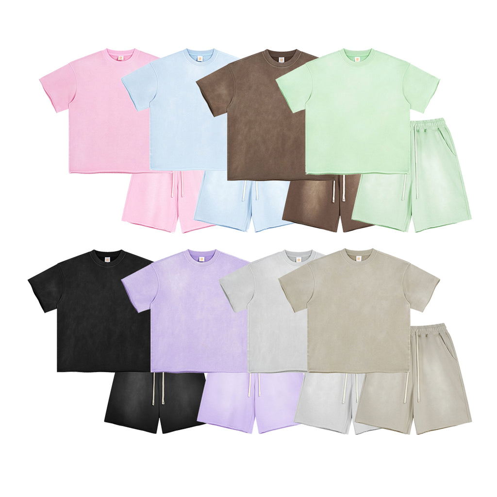 Custom Terry Acid t Shirt and Shorts Set Vintage High Quality O-neck Streetwear Summer Fashion Heavy Cotton T-shirts Suit