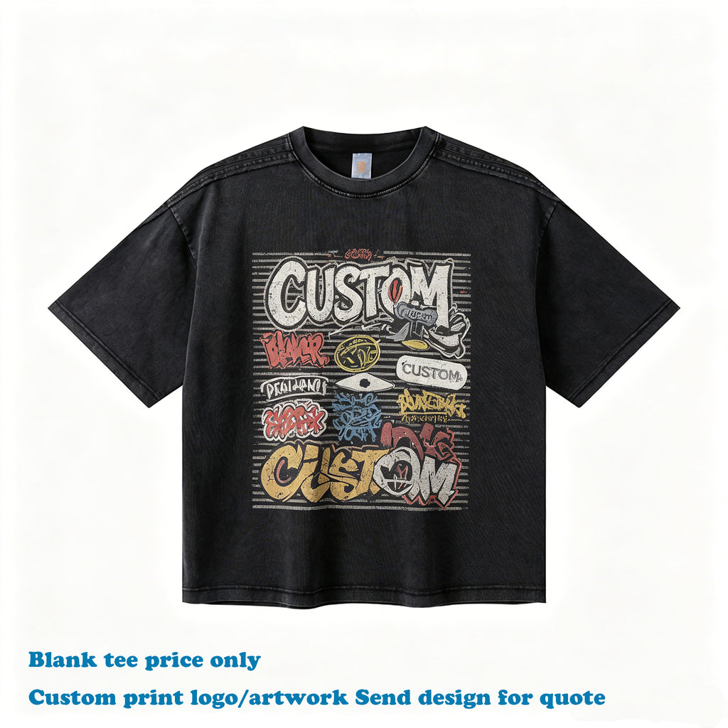 Men's Cotton T-shirt High Quality Patchwork Custom Puff Printing Design Vintage Round Neck Washed Wholesale Personalized T-shirt