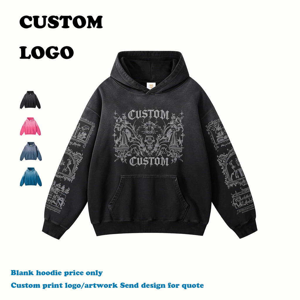 100% Cotton Hoodies Streetwear Custom Puff Printing Spray Washed High Quality Blank Wholesale Fashion Embroidery Hoodie