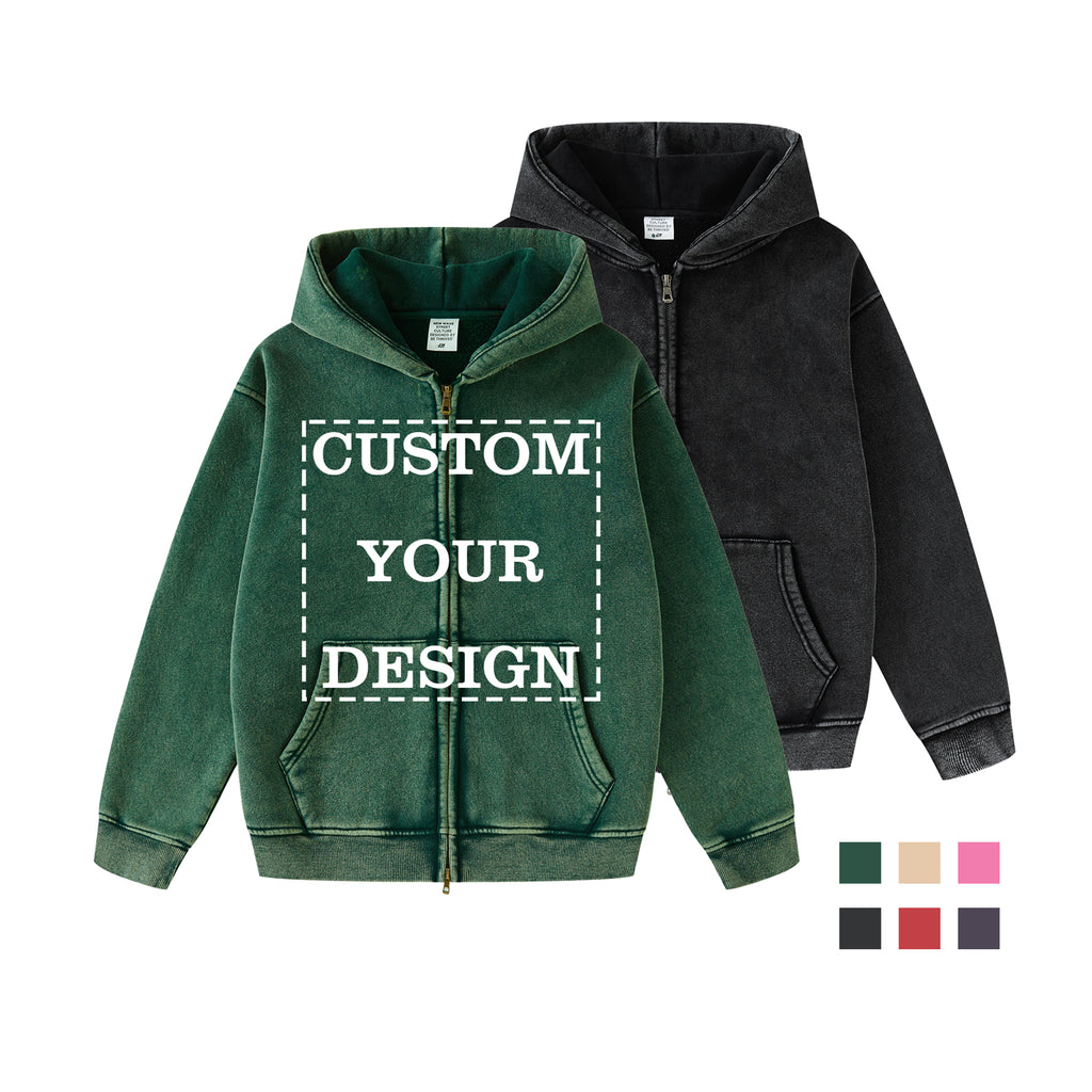 Custom Zip Hoodies Wax Printing Blank Fleece Acid Wash High Quality Drop Shoulder Fashion Streetwear Hoodies for Children