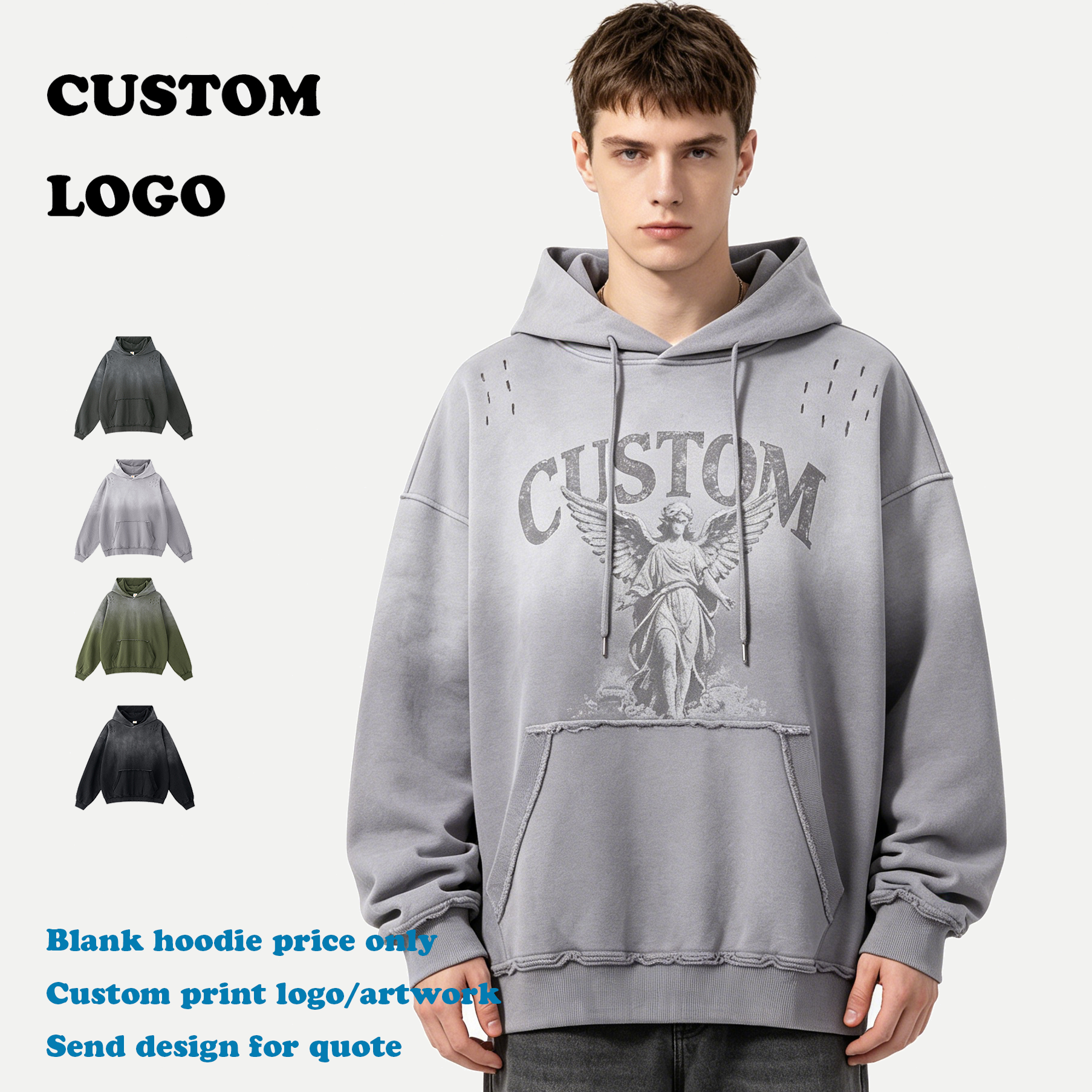 Custom logo Hoodie Blank Pullover Heavy Cotton Washed New Style Casual Gradient Embroidery Streetwear Wholesale Men's Hoodies