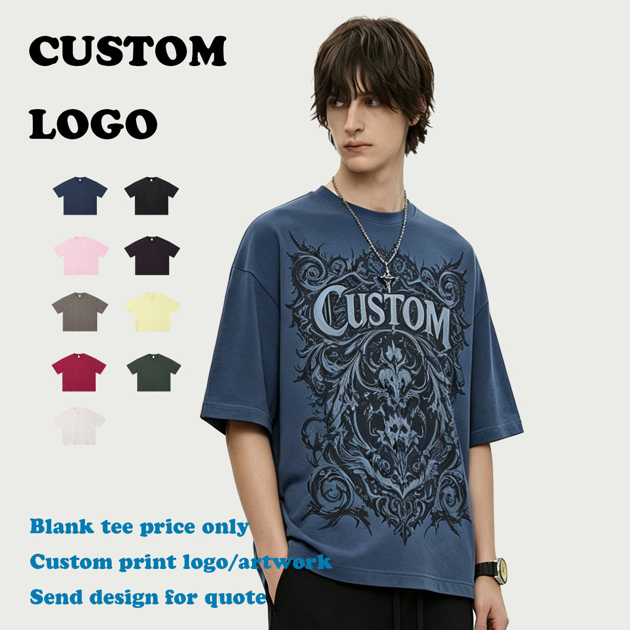Men Boxy Fit Crew Neck T-shirt Heavy Cotton Round Neck Custom Embroidery logo High Quality Streetwear Plain Fashion T-shirt