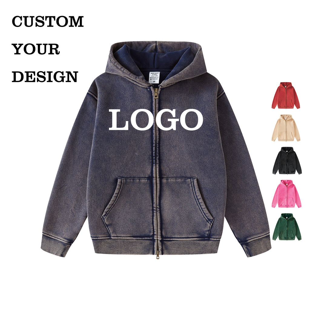 High Quality Wholesale Kids Hoodies Blank Full Zip up Streetwear Fashion Polyester/Cotton High Quality Washed Plain Hoodies