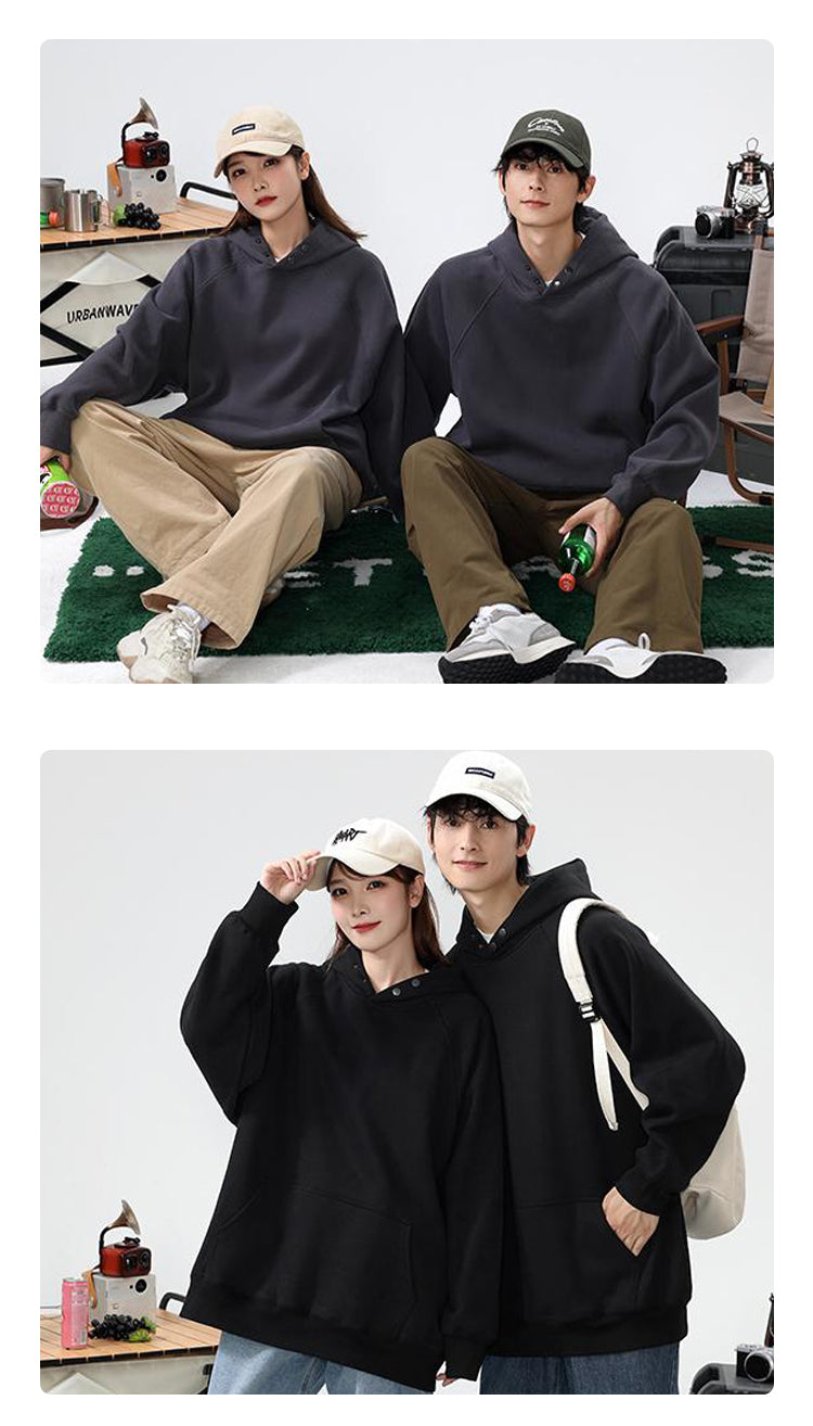 600G Heavyweight Wireless Polar Fleece Raglan Sleeve Unisex High Quality Double-Buckle Collar Screen Printed Sublimation Hoodies