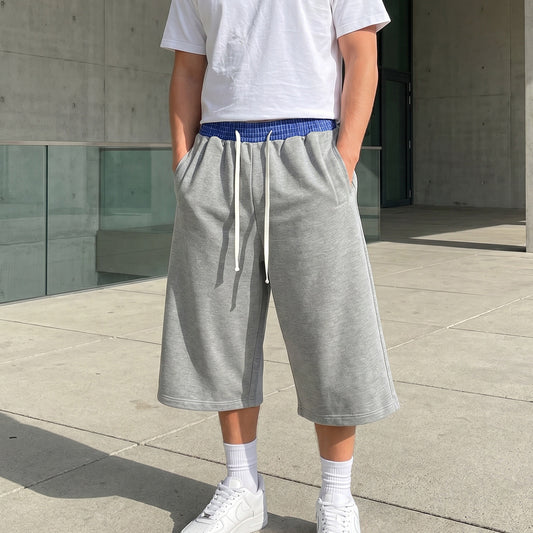 Fashion Men's Sports Sweatpants Loose Short Pants with Contrasting Color Waist Belt and Drawstring for Men Reach Below the Knee
