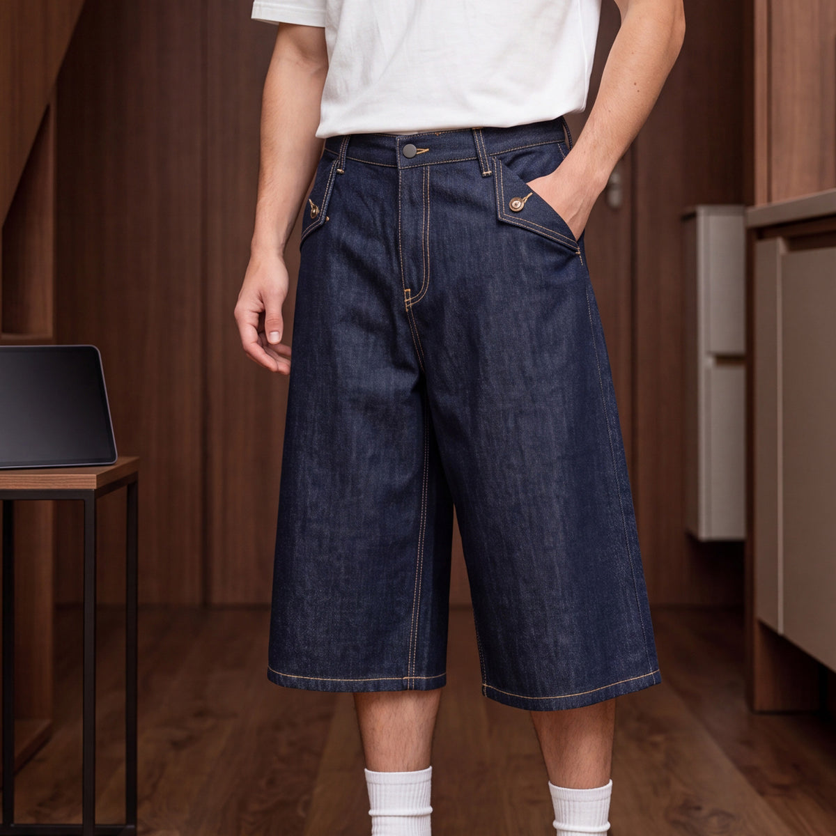 Customized Contrasting Color Bold Stripe Primary Color Denim Three Quarter Length Men's Street Retro Loose Style Casual Jeans