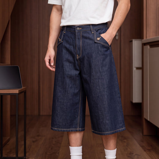 Customized Contrasting Color Bold Stripe Primary Color Denim Three Quarter Length Men's Street Retro Loose Style Casual Jeans