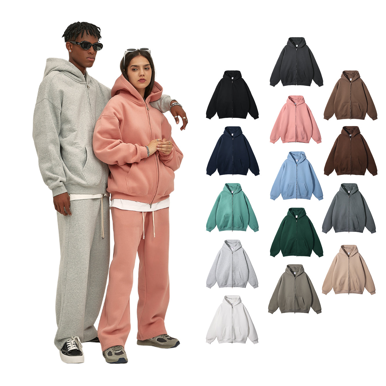 100% Cotton Wireless Drop Shoulder Fleece High Quality Custom Full Zip up Streetwear Mens Hoodies and Sweatshirts