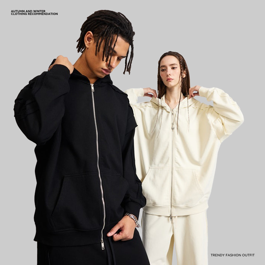 Custom Zip Hoodies Heavyweight Blank Terry Streetwear Drop Shoulder Pure Color High Quality Wholesale Hoodies