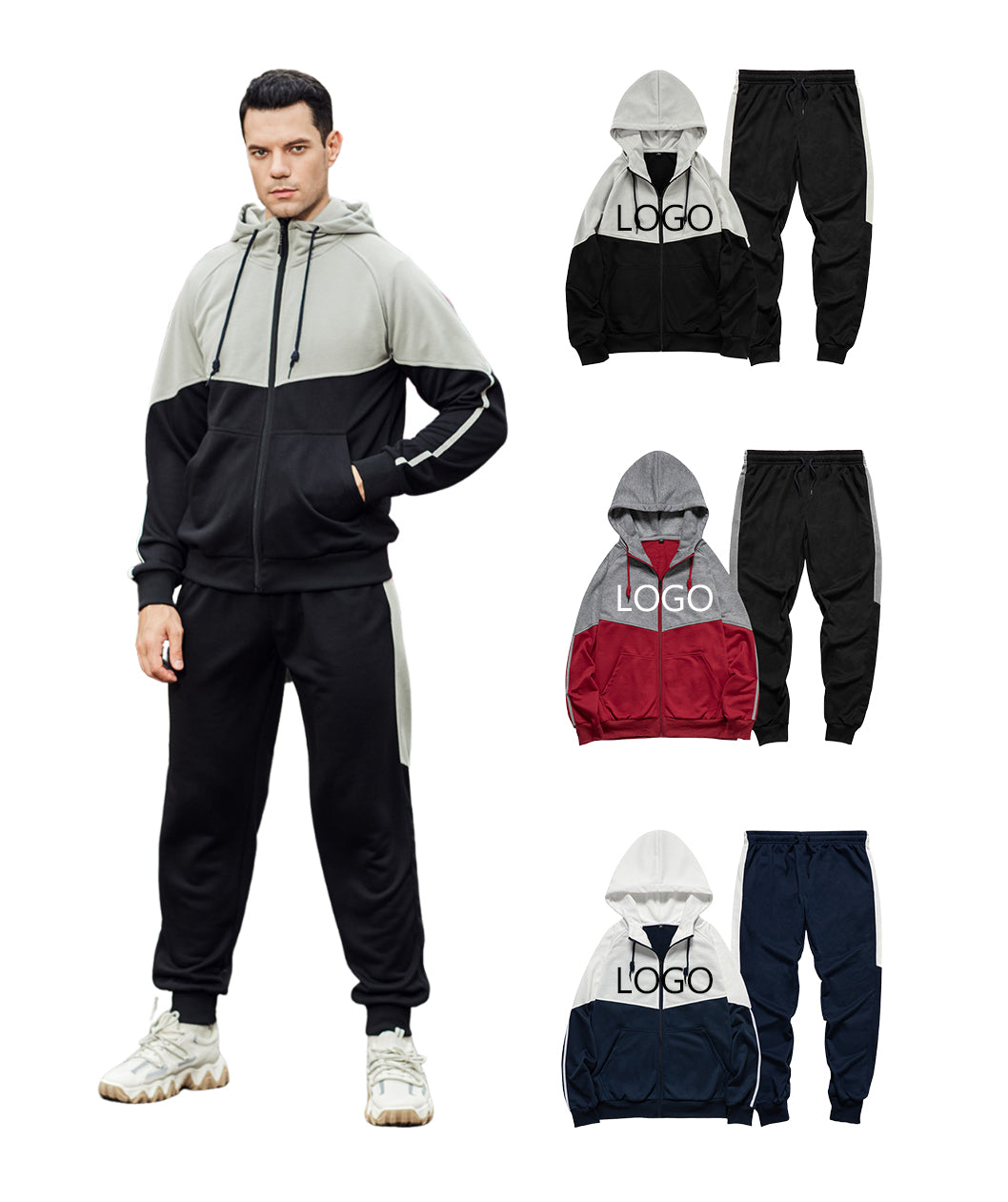 Sweatpants and Hoodie Set High Quality Polyester Custom Zip up Color Clashing Screen Printed Hoodies Men Streetwear