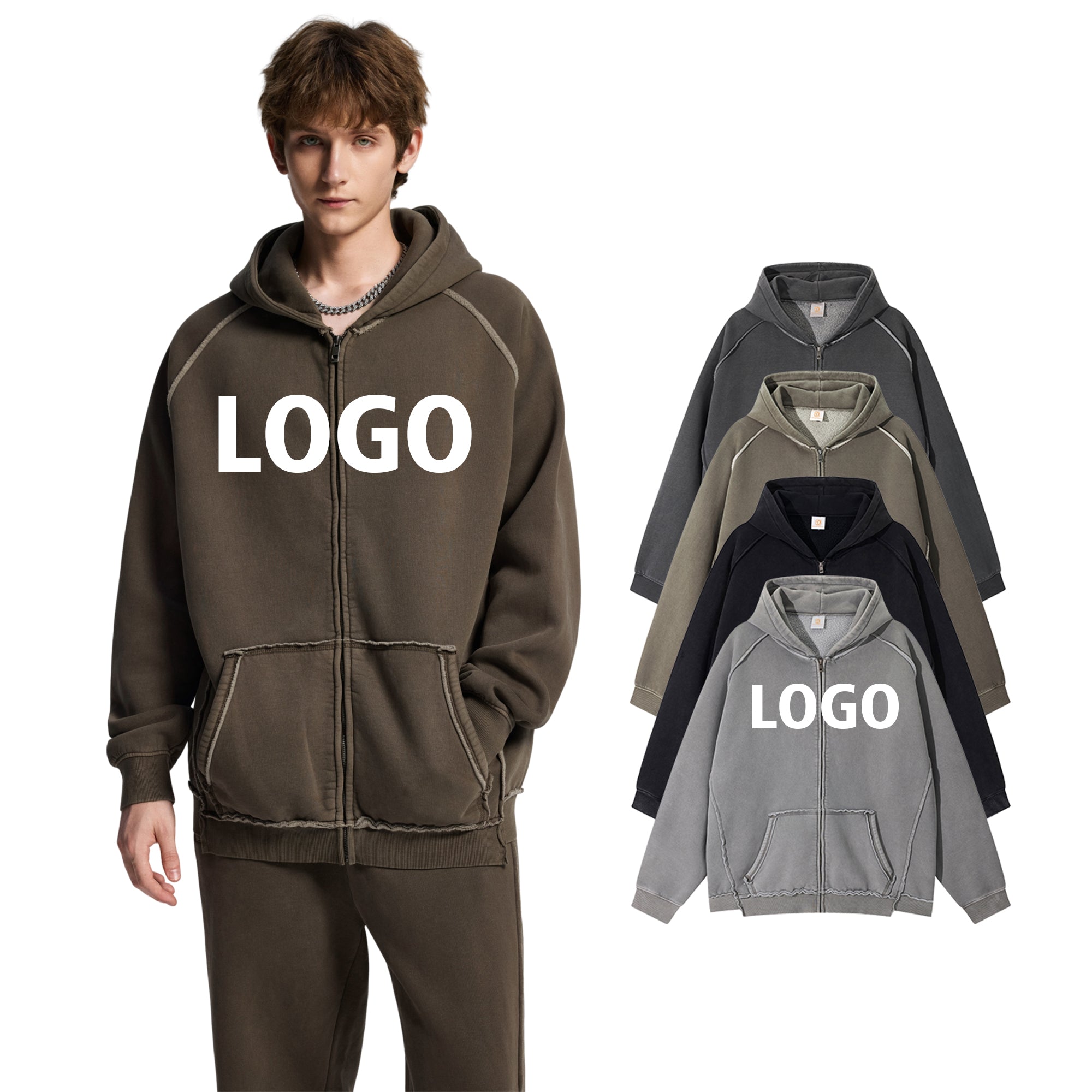 420g Heavyweight Hoodies Fleece Blank Distressed Zip up Acid Washe Oversized Polyester/Cotton Men's Hoodies & Sweatshirts