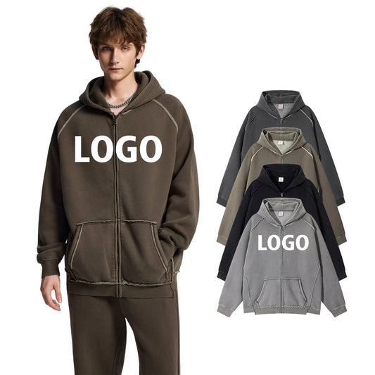 420g Heavyweight Hoodies Fleece Blank Distressed Zip up Acid Washe Oversized Polyester/Cotton Men's Hoodies & Sweatshirts