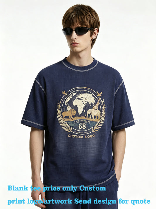 Loose and clear Line Trendy American Style t Shirt for Men Casual Lightly Bleached Water Pressed Horsehair Gradient Tshirt Top