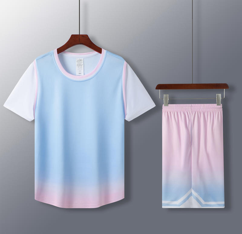 5 Color Men's and Women's 100% Polyester Round Neck Basketball Uniform Set Fake Two Pieces with Vertical Stripes of Beige Fabric