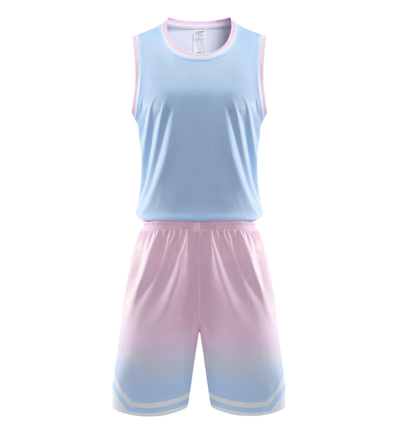 Fashion 5 Color Men's and Women's 100% Polyester Fiber Round Neck Basketball Uniform Set with Vertical Stripes and Plain Fabric