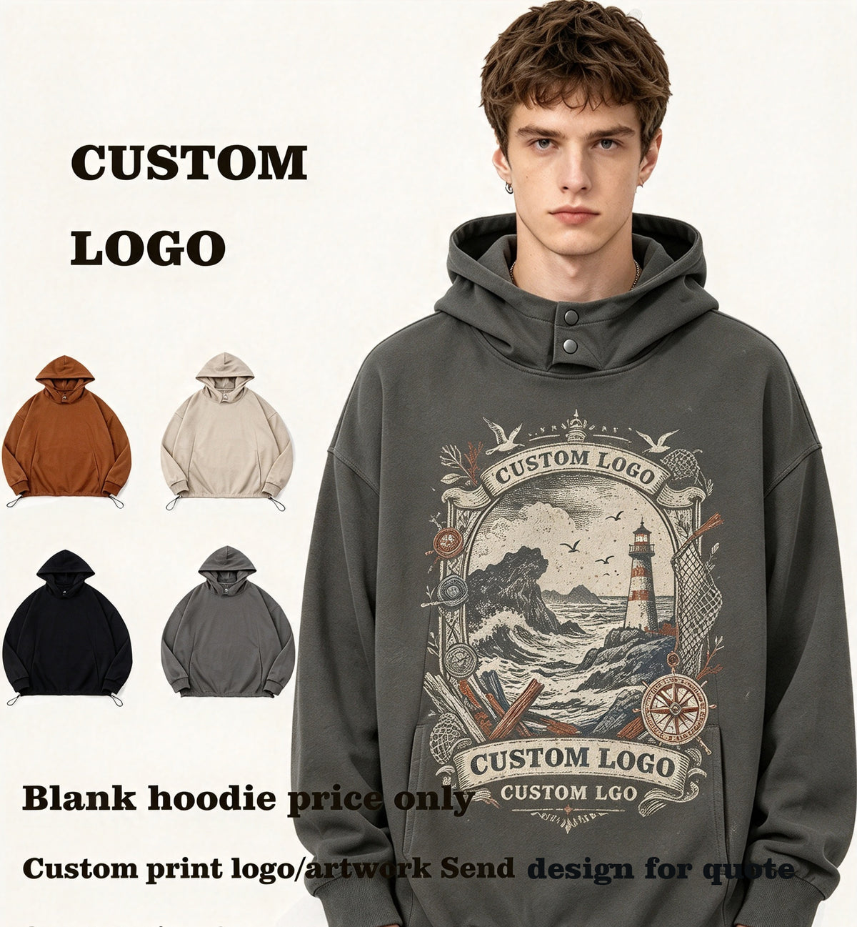 4 Color 320gsm Pullover Hoodie Bimetallic Snap Anti Wind Cap Side Pocketed Loose Fitting Bottom Drawstring Pullover Oversized