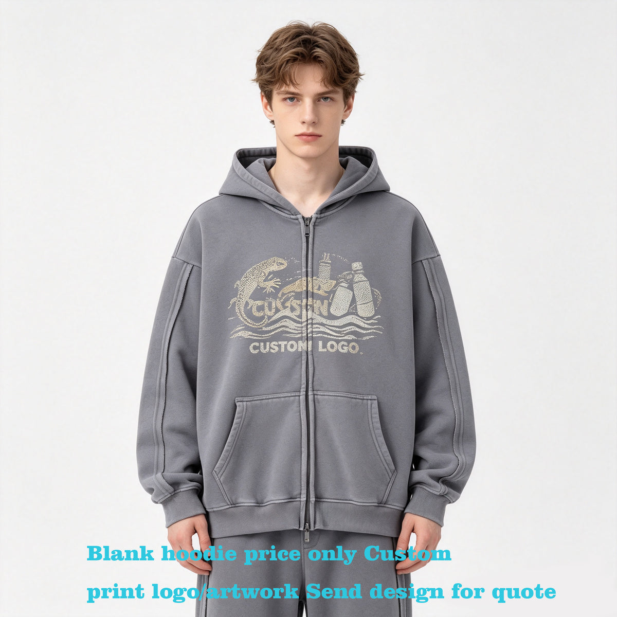 Fashion Men's Hoodies Double Headed Zipper Fleece-lined Hooded Sweatshirt Water Washed Finish Sweatshirts From a Trendy Brand