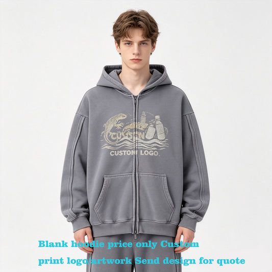 Fashion Men's Hoodies Double Headed Zipper Fleece-lined Hooded Sweatshirt Water Washed Finish Sweatshirts From a Trendy Brand