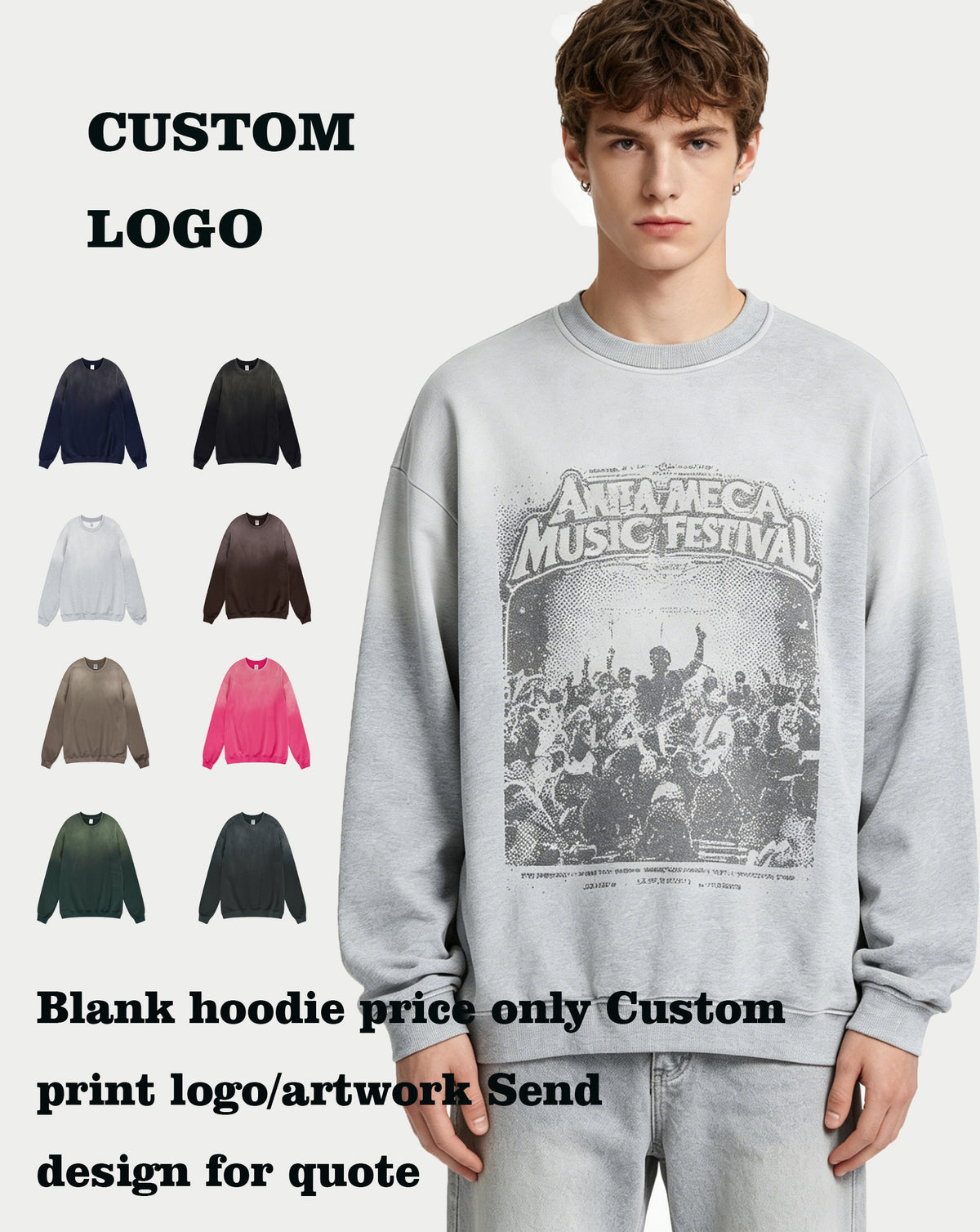 Customized 8-color Oversized All Cotton Looped Pile Brushed Fleece Retro Washed Gradient Round Neck Hoodie American Style
