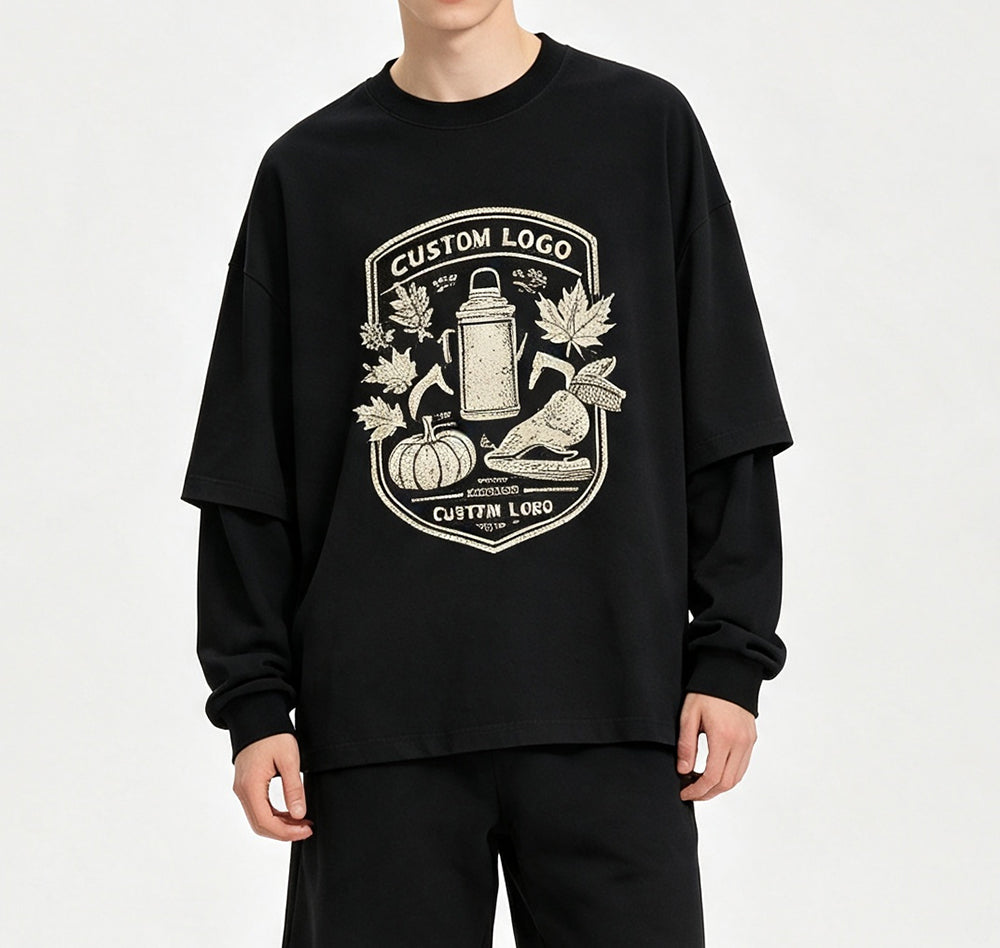 Fashion Multiple Processes to Choose From Pure Cotton Round Neck Long Sleeve Tshirt Patchwork Contrasting Color Boxy Style