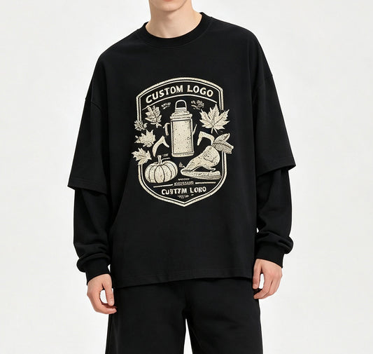 Fashion Multiple Processes to Choose From Pure Cotton Round Neck Long Sleeve Tshirt Patchwork Contrasting Color Boxy Style