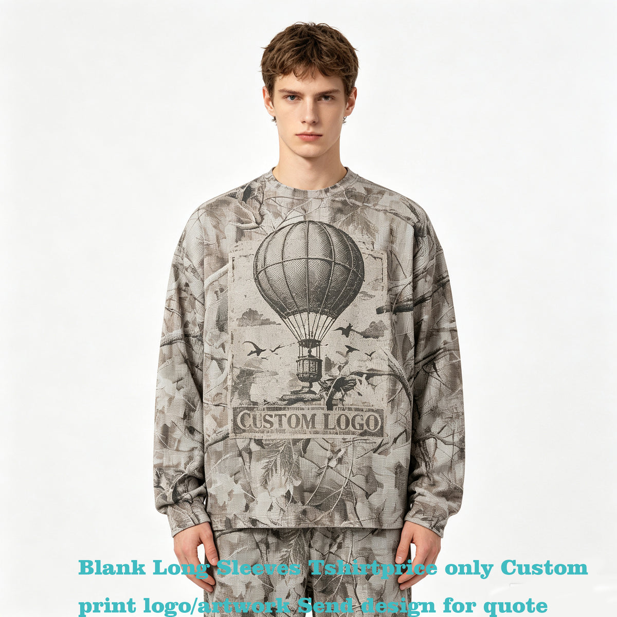 Customized Long Sleeve Tshirt Tree Branch Camouflage Stenciled Long Sleeved Trendy Loose Breathable Moisture Wicking t Shirt